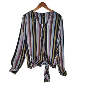ANA Womens XL Jewel Tone/Metallic Striped Vneck Top Long Sleeve Lightweight EUC